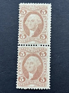 54161 US Stamp revenue BOB 1862 R27 5c M1VLH/1NHOG Rare Shiny Gum Pair Mint* - Picture 1 of 2