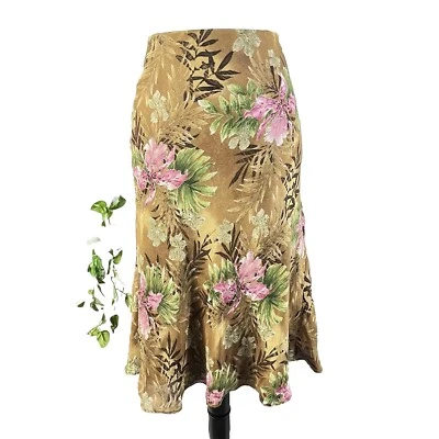 Charter Club Skirt size 16 Brown Green Pink Floral Linen Silk Bias A Line Knee - Image 1 of 4
