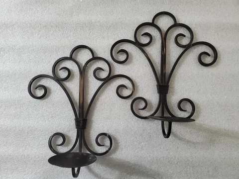 Gothic Wrought Iron Metal Wall Sconce Candle Holder Set Black w/ Gold Brush Cover