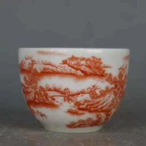 Chinese Jingdezhen Alum Red Porcelain Landscape Pattern Teacup Cup 2.9 inch - Picture 1 of 7