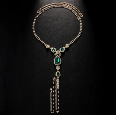 Women Thong G-strings Rhinestone Floral Green Droplet Body chain Underwear 32141 - Image 1 of 4