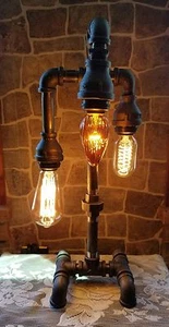  Industrial Pipe Three Tier steampunk style table, desk lamp with bulbs.  - Picture 1 of 1