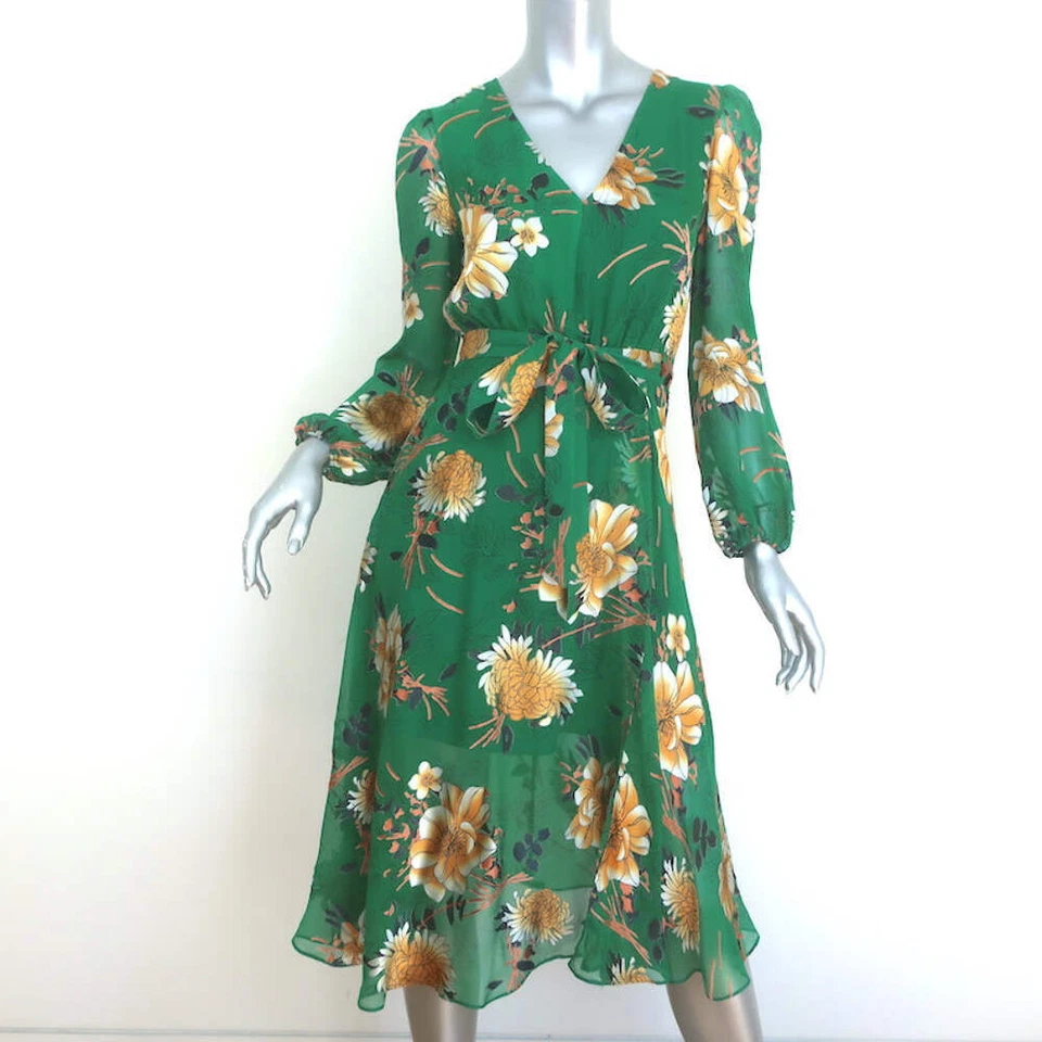 Alice + Olivia Coco Midi Dress Green Floral Print Fil Coupe Chiffon Size 2 - Image 1 of 4