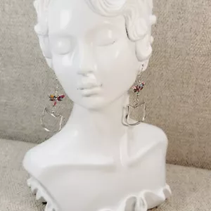 Handcrafted Kitty Cat & Dragonfly Dangle Metal Earrings. - Picture 1 of 5