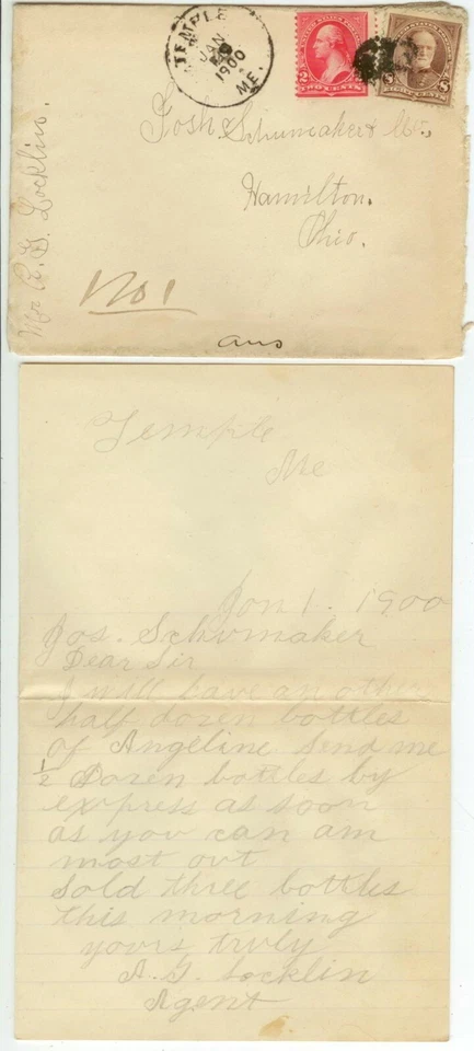 1900 Temple Maine Registered with 2ct and 8ct Sherman - A G Locklin, sender - Image 1 of 1