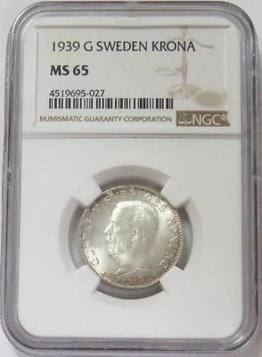 1939 G SILVER SWEDEN 1 KRONA GUSTAF V COIN NGC MINT STATE 65 - Image 1 of 2