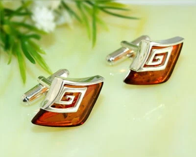 Manschettenknöpfe Silber 925 Bernstein braun cognac echt Sterlingsilber hk15 - Bild 1 von 2