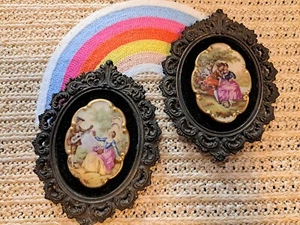 2 Fragonard Limoge/Porzellan Kunst Fliese Französisch Hof Paar Metall Rahmen Vintage - Bild 1 von 14