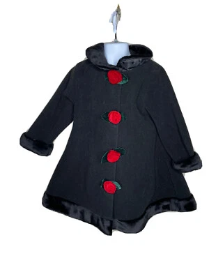 Pete's Partner Negro Vellón Columpio Vestido Rosas Chaqueta Abrigo Borde de Piel Talla 4 Niñas Foto 1 de 4