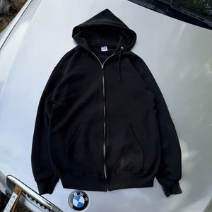 90s Jerzees Black Distressed Faded Blank Zip Up Hoodie Made In USA Mens Size L - Picture 1 of 10