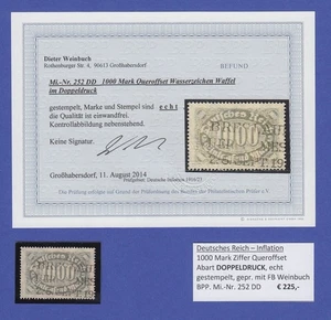 Dt Reich Inflation, 1000 Mark Queroffset im Doppeldruck, Mi.-Nr. 252 DD gest. - Bild 1 von 2