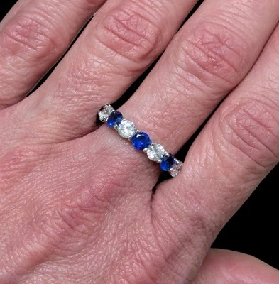 Blue Sapphire & CZ Eternity Band Ring 925 Sterling Silver Size 8.5 - Image 1 of 4