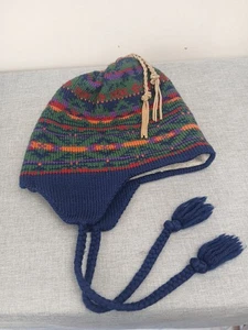 Vintage Merkley 100% Schurwolle Beanie Mütze Ohrenklappe Quaste Mehrfarbig - Bild 1 von 8