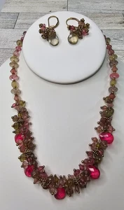 18" Rosa, Grün, Rauch Acryl & Gold Ton Perlen Halskette und Ohrring Set - Bild 1 von 5
