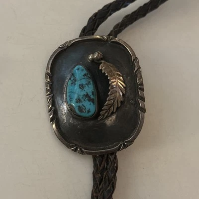 Cierre de corbata vintage de cuero negro turquesa esterlina ~ 20" Foto 1 de 4