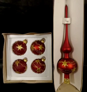 Vintage Mercury Glass Tree Topper 12" + 4 Ornaments Red Gold Poland 1970s Lot US - Picture 1 of 15