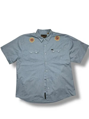 Howler Brothers Shirt XL Blue Western Pearl Snap Floral Embroidery Short Sleeve - Image 1 of 4