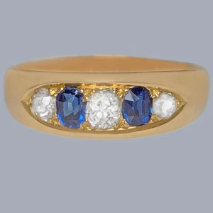 Antique 18ct Gold Sapphire Diamond Boat Ring Victorian c1890 5.3g Size S - Picture 1 of 10