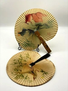 Two Vintage Chinese Paper Bamboo Folding Hand Held Fan - Picture 1 of 12