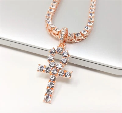 Gargantilla colgante ANKH cadena tenis chapada en oro hip hop collar helado circonita cúbica joyería Foto 1 de 4