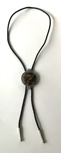 Silver Tone Metal Frame With Polished Stone & Black Leather Bolo Tie - Picture 1 of 3