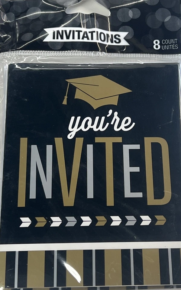 Glitzy Grad Fold Over Invitations Paper 8 Pack Graduation Party Decoration - Image 1 of 2