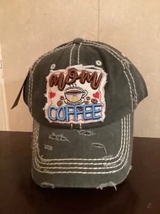 Women's Cap "MOM COFFEE" Embroidery Frayed Patch Distressed Canvas GRAY - Picture 1 of 6
