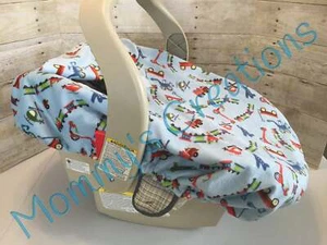 Infant Car Seat Carrier Cover New Handmade Minky Blue Automobiles, Cars, Planes - Picture 1 of 2