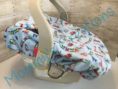 Infant Car Seat Carrier Cover New Handmade Minky Blue Automobiles, Cars, Planes - Image 1 of 2