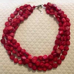 Impresionante collar de plata de ley de coral rojo triple hilo - Imagen 1 de 12