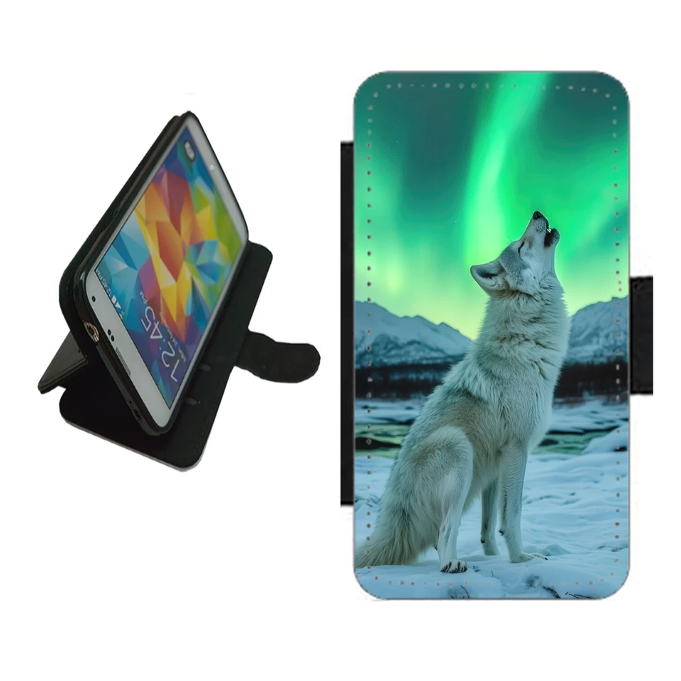 Arctic Wolf Phone case wallet flip cover For iPhone Samsung Pixel WOL2 Aurora - Image 1 of 4