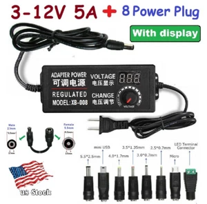 3-12V 5A 60W Universal einstellbar AC/DC Adapter Netzteil mit LED + 8 DC Stecker - Bild 1 von 8