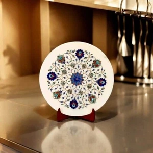 12" White Marble Inlay Serving Plate Semi - Precious Stone & Coffee Table Decors - Picture 1 of 8
