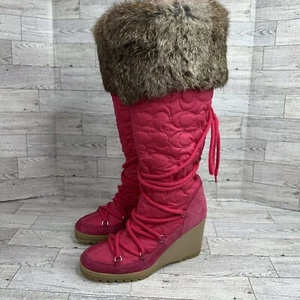Coach Sofia Boots 6.5 B Lace Up High Pink Fur Quilted Fleece Lined Heel P624 - Picture 1 of 20