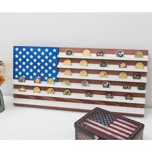 Vintage American Flag Solid Wood Wall Mounted Challenge Coin Display Holder Rack - Picture 1 of 8