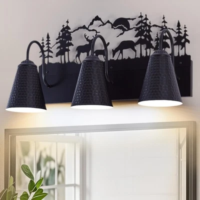 Lámpara de tocador de baño de granja con diseño de ciervo - Base E26 3 luces negra met... Foto 1 de 4