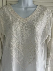 White Beaded Crinkle Cotton Long Sleeve Tunic ( India) Size 12 NWOT - Picture 1 of 6