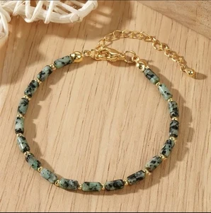 ✅ Edelstein Armband Grün Schwarz Afrikan. Natur Stein Gold Perlen Boho Damen✅ - Bild 1 von 3