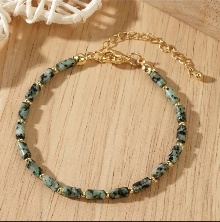 ✅ Edelstein Armband Grün Schwarz Afrikan. Natur Stein Gold Perlen Boho Damen✅ - Bild 1 von 3