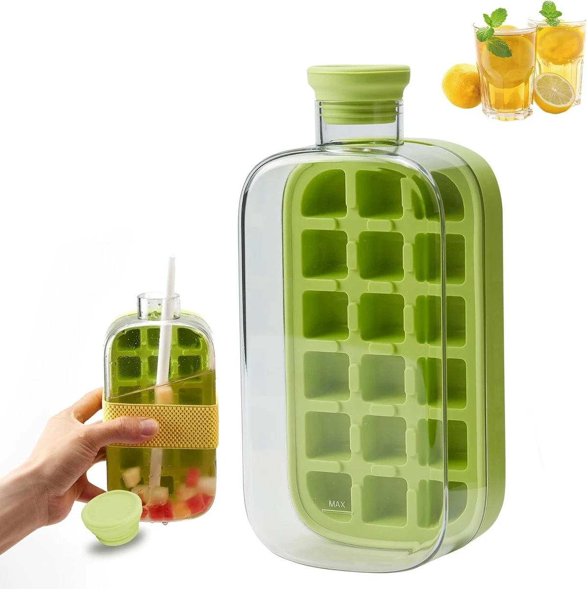 2-in-1 Ice Cube Bottle With Straw - Easy Press Ice Maker Water Bottle, Leak Proof, 500ml Portable Freezer Tray For Travel, Gym & Home