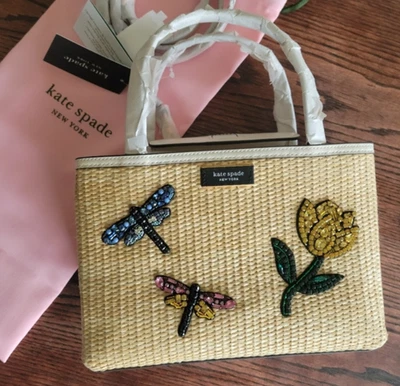 Kate Spade Sam Icon Small Dragonfly Embellished Straw Small Tote Crossbody Purse - Image 1 of 4