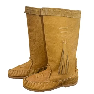 Vintage 70s Prima Moccasin Leather Boots Womens Size 5 Fringe Tassels Stitching - Picture 1 of 13