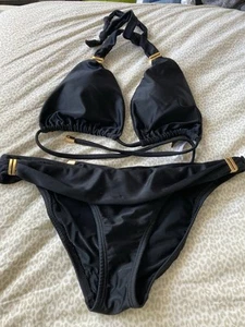 VIX Paula Hermanny Black Gold Deco  Halter Top Bikini Bottom 2 Pc Size S/M - Picture 1 of 8