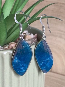 Blue Apatite Drop Earrings Sterling Silver 925 Plated Handmade Irregular Shape - Picture 1 of 4