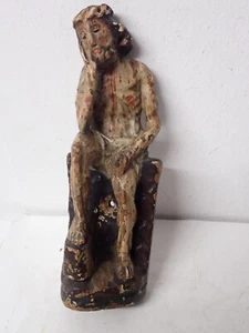 Drobno rzeźbiony biczowany Jezus na odpoczynku drewniany i kolorowy około 1750 roku - Zdjęcie 1 z 9