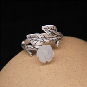 Anello B25 Rosa Fiore In Giada Bianca 990 Argento Fine Regolabile - Foto 1 di 8