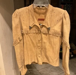 1980s Women Suede Tan Cowboy Jacket Sz 6 Silver Tips ! “Tenderness” Fringe Small - Picture 1 of 7
