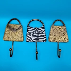 Purse Shaped Wall Hooks Set Of 3 Animal Prints Resin Zebra Giraffe Leopard  - Picture 1 of 24
