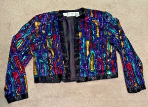 Oleg Cassini Black Tie- Silk Beaded & Heavy Sequined Jacket Bright Colors Size L - Picture 1 of 16