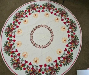 VTG Christmas Tablecloth Mid Century With Elves Gnomes 51" Round Nice! Swedish - Picture 1 of 5